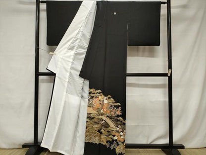 平和屋着物■豪華黒留袖 御所車流水花文 金彩 正絹 逸品 CABC0048ev