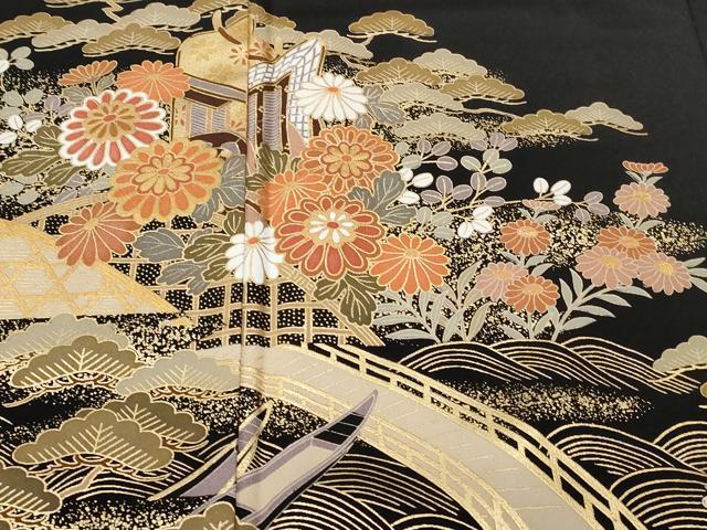 平和屋着物■豪華黒留袖 御所車流水花文 金彩 正絹 逸品 CABC0048ev