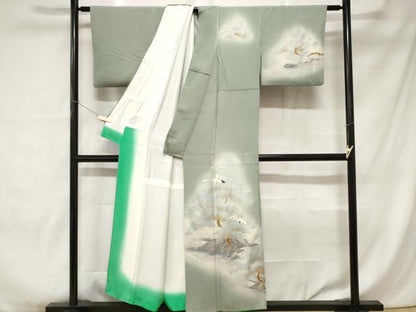 平和屋着物■訪問着 刺繍 飛鶴立波枝松文 暈し染め 金彩 正絹 逸品 CABC0050ev