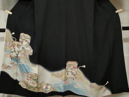 平和屋着物■豪華黒留袖 刺繍 貝合わせ貝桶花文 暈し染め 金銀彩 正絹 逸品 CABC0151ev
