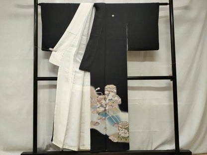 平和屋着物■豪華黒留袖 刺繍 貝合わせ貝桶花文 暈し染め 金銀彩 正絹 逸品 CABC0151ev
