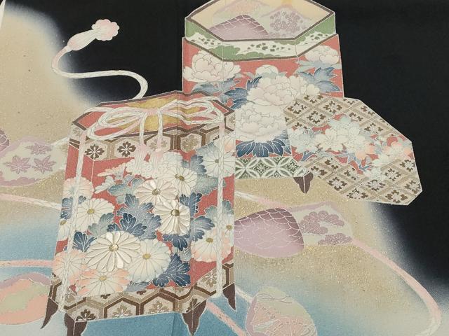 平和屋着物■豪華黒留袖 刺繍 貝合わせ貝桶花文 暈し染め 金銀彩 正絹 逸品 CABC0151ev