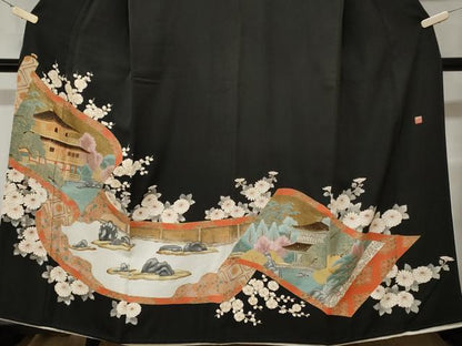 平和屋着物■豪華黒留袖　作家物　風景文　石庭花文　金彩　正絹　逸品　CABC0162ev