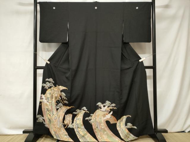 平和屋着物■豪華黒留袖 駒刺繍 立波御所車飛鶴花文 金彩 正絹 逸品 CABC0174ev