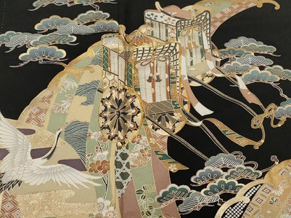平和屋着物■豪華黒留袖 駒刺繍 立波御所車飛鶴花文 金彩 正絹 逸品 CABC0174ev