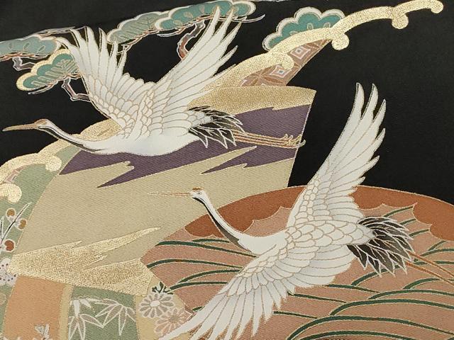 平和屋着物■豪華黒留袖 駒刺繍 立波御所車飛鶴花文 金彩 正絹 逸品 CABC0174ev