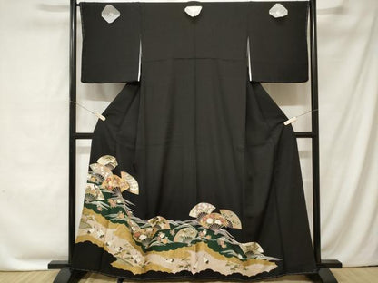 平和屋着物■豪華黒留袖 駒刺繍 扇面群鶴花文 金彩 正絹 逸品 CABC0231ev