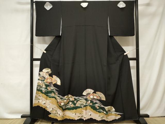 平和屋着物■豪華黒留袖 駒刺繍 扇面群鶴花文 金彩 正絹 逸品 CABC0231ev