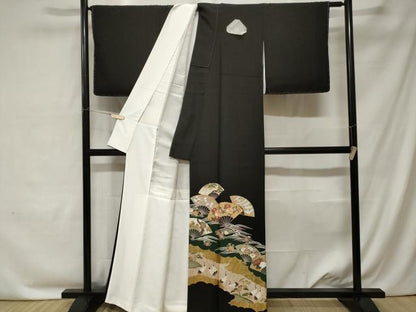 平和屋着物■豪華黒留袖 駒刺繍 扇面群鶴花文 金彩 正絹 逸品 CABC0231ev