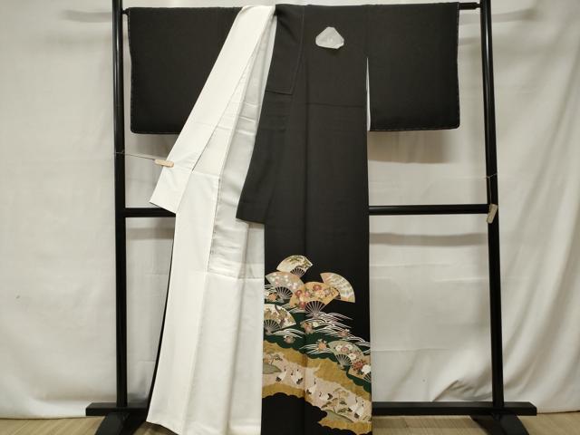平和屋着物■豪華黒留袖 駒刺繍 扇面群鶴花文 金彩 正絹 逸品 CABC0231ev
