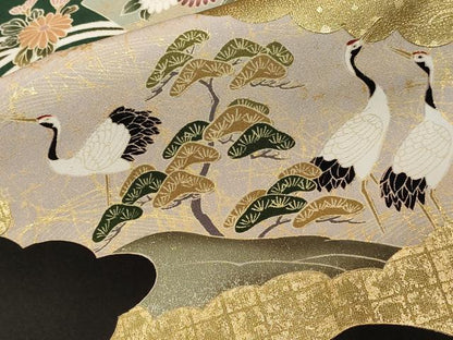 平和屋着物■豪華黒留袖 駒刺繍 扇面群鶴花文 金彩 正絹 逸品 CABC0231ev