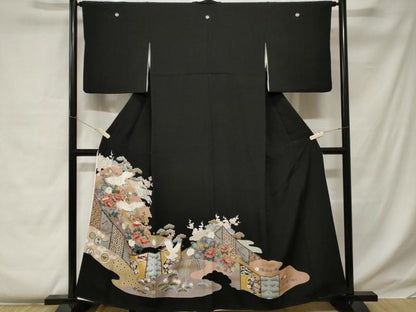 平和屋着物■豪華黒留袖　刺繍　飛鶴宝尽くし花文　金彩　正絹　逸品　CABC0293ev