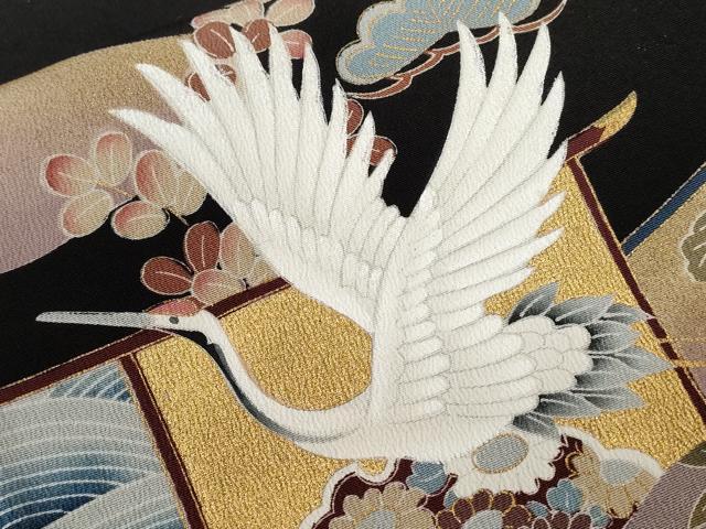 平和屋着物■豪華黒留袖　刺繍　飛鶴宝尽くし花文　金彩　正絹　逸品　CABC0293ev