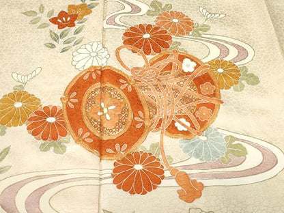 平和屋着物■訪問着 駒刺繍 鼓扇面花文 金彩 正絹 逸品 CABC0321ev