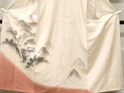 平和屋着物■訪問着　紬地　手描き　風景文　暈し染め　正絹　逸品　CABC0548ev