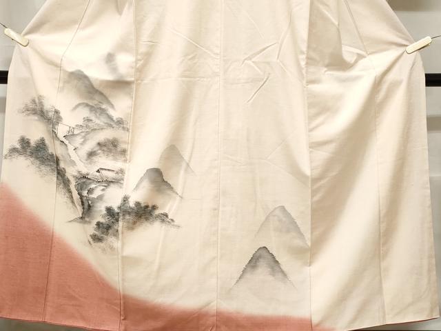平和屋着物■訪問着　紬地　手描き　風景文　暈し染め　正絹　逸品　CABC0548ev