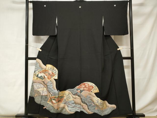 平和屋着物■豪華黒留袖　駒刺繍　流水扇面飛鶴花文　暈し染め　金彩　正絹　逸品　CABC0559ev