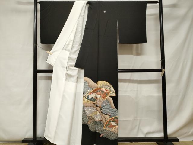 平和屋着物■豪華黒留袖　駒刺繍　流水扇面飛鶴花文　暈し染め　金彩　正絹　逸品　CABC0559ev