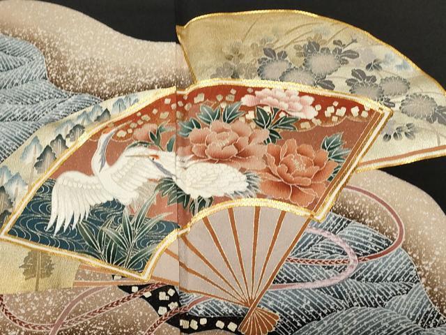 平和屋着物■豪華黒留袖　駒刺繍　流水扇面飛鶴花文　暈し染め　金彩　正絹　逸品　CABC0559ev