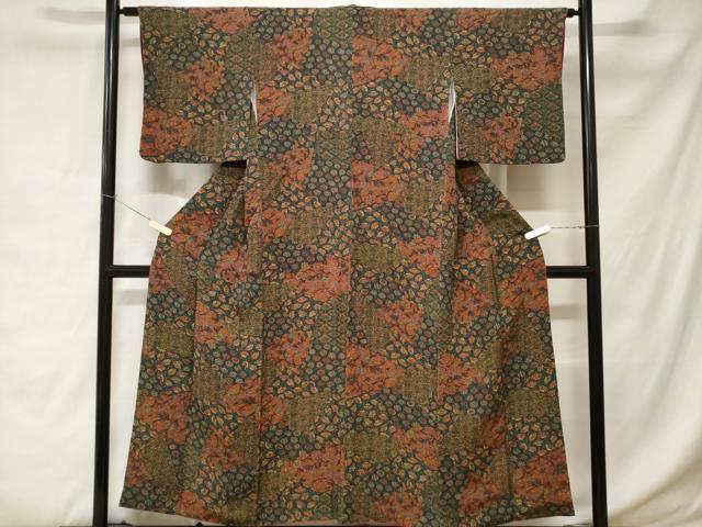 平和屋着物■上質な小紋 切嵌更紗扇面花文 鬼しぼ縮緬 正絹 逸品 CABC0560ev