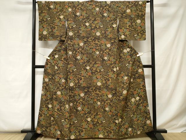 平和屋着物■上質な小紋 流水草花文 黒地 正絹 逸品 CABC0608ev