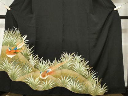 平和屋着物■豪華黒留袖　刺繍　尾長鳥文　暈し染め　金彩　正絹　逸品　CABC0680ev