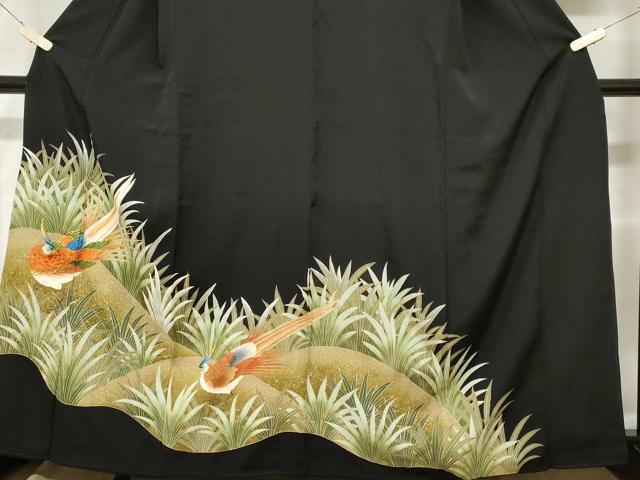 平和屋着物■豪華黒留袖　刺繍　尾長鳥文　暈し染め　金彩　正絹　逸品　CABC0680ev