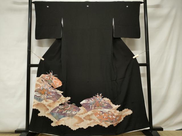 平和屋着物■豪華黒留袖　駒刺繍　地紙花車文　暈し染め　金彩　正絹　逸品　CABC0715ev