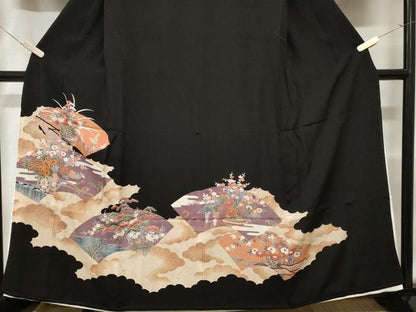 平和屋着物■豪華黒留袖　駒刺繍　地紙花車文　暈し染め　金彩　正絹　逸品　CABC0715ev