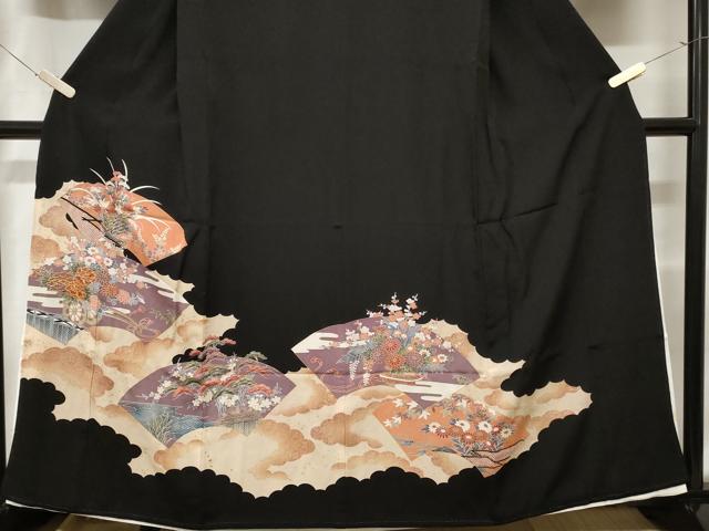 平和屋着物■豪華黒留袖　駒刺繍　地紙花車文　暈し染め　金彩　正絹　逸品　CABC0715ev