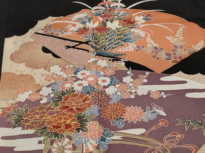 平和屋着物■豪華黒留袖　駒刺繍　地紙花車文　暈し染め　金彩　正絹　逸品　CABC0715ev