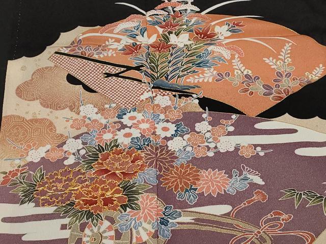 平和屋着物■豪華黒留袖　駒刺繍　地紙花車文　暈し染め　金彩　正絹　逸品　CABC0715ev