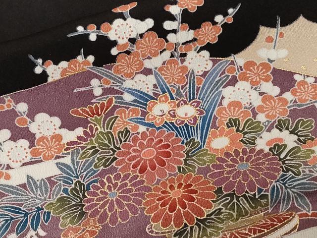 平和屋着物■豪華黒留袖　駒刺繍　地紙花車文　暈し染め　金彩　正絹　逸品　CABC0715ev