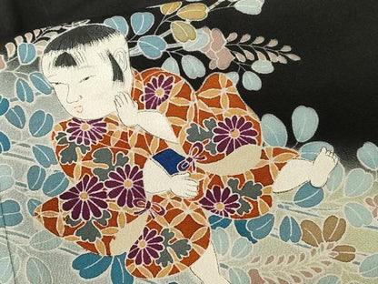 平和屋着物■豪華黒留袖　童子遊び　枝花文　暈し染め　正絹　逸品　CABC0722ev
