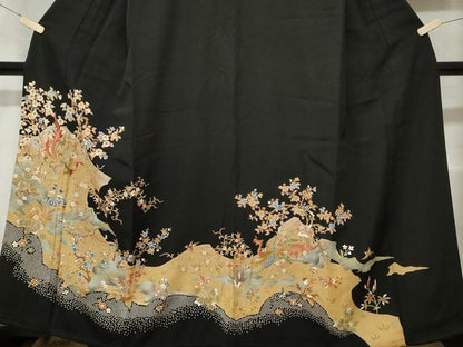 平和屋着物■豪華黒留袖　刺繍　鳳凰枝花文　金彩　正絹　逸品　CABC0725ev