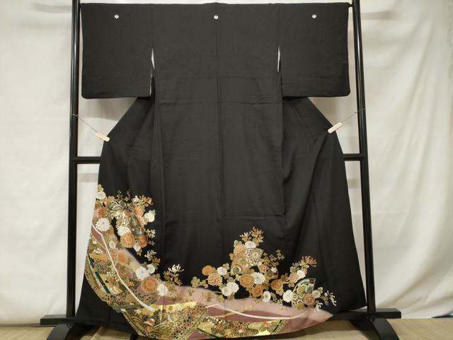 平和屋着物■豪華黒留袖　駒刺繍　地紙重ね鼓花鳥文　暈し染め　金彩　正絹　逸品　CABF9501ev