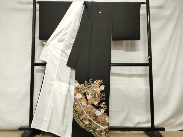 平和屋着物■豪華黒留袖　駒刺繍　地紙重ね鼓花鳥文　暈し染め　金彩　正絹　逸品　CABF9501ev