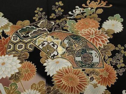 平和屋着物■豪華黒留袖　駒刺繍　地紙重ね鼓花鳥文　暈し染め　金彩　正絹　逸品　CABF9501ev