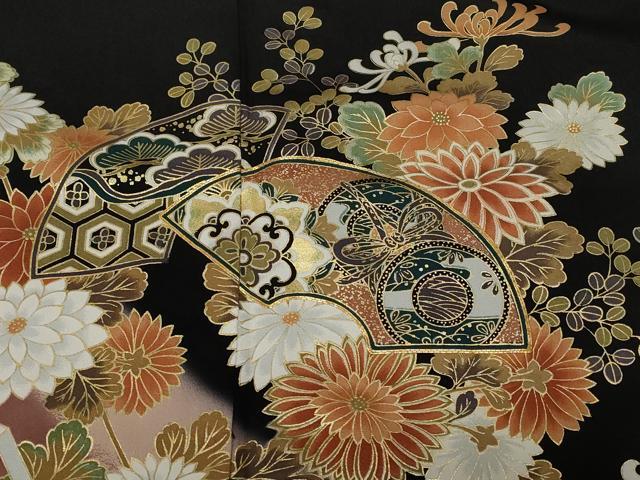 平和屋着物■豪華黒留袖　駒刺繍　地紙重ね鼓花鳥文　暈し染め　金彩　正絹　逸品　CABF9501ev