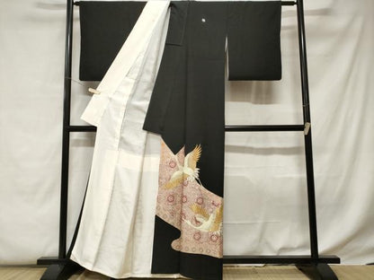 平和屋着物■豪華黒留袖　刺繍　飛鶴吉祥花文　金彩　正絹　逸品　CABC0764ev