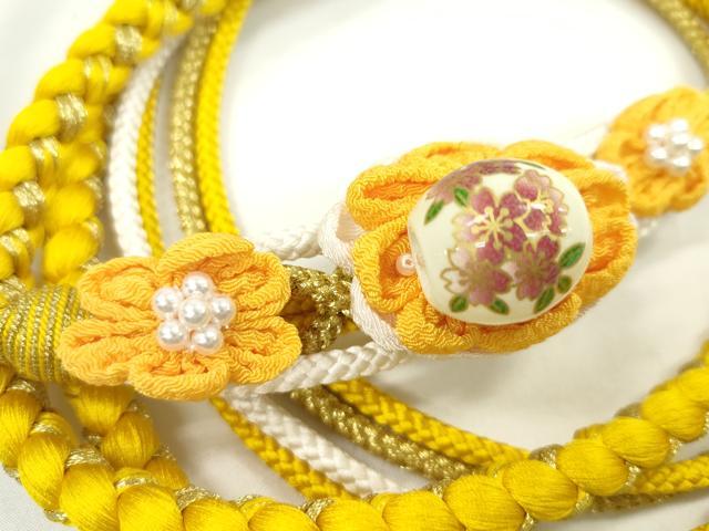 平和屋着物●和装小物 振袖用帯締め 飾り付き つまみ細工 花 飾り玉 パール 黄色 金糸 撚り房 逸品 未使用 CABC0971ju