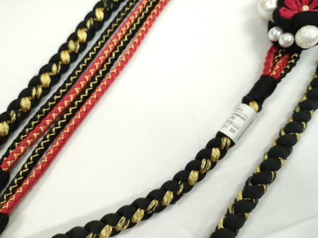 平和屋着物●和装小物 振袖用帯締め 飾り付き つまみ細工 花 飾り玉 パール 黒×深緋色 金糸 撚り房 逸品 未使用 CABC0972ju
