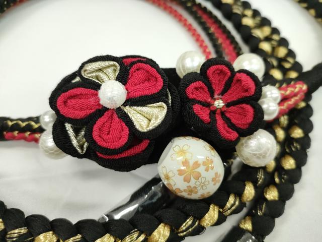 平和屋着物●和装小物　振袖用帯締め　飾り付き　つまみ細工　花　飾り玉　パール　黒×深緋色　金糸　撚り房　逸品　未使用　CABC0974ju