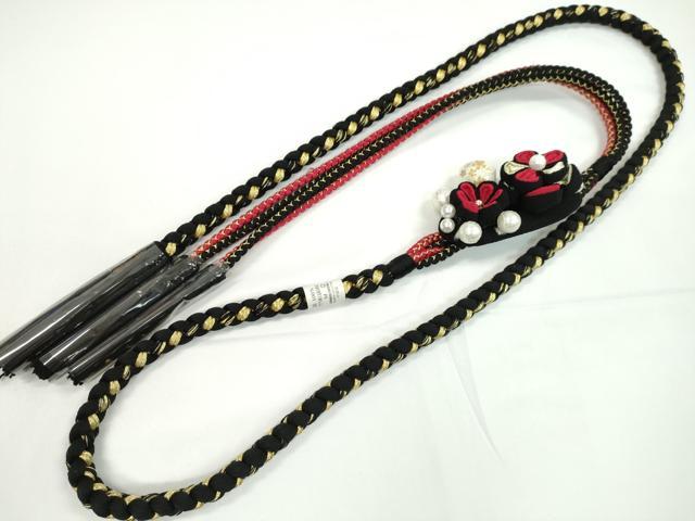 平和屋着物●和装小物　振袖用帯締め　飾り付き　つまみ細工　花　飾り玉　パール　黒×深緋色　金糸　撚り房　逸品　未使用　CABC0974ju