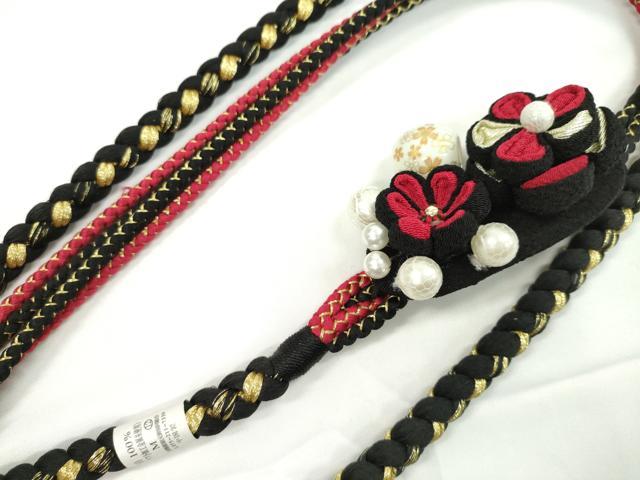 平和屋着物●和装小物　振袖用帯締め　飾り付き　つまみ細工　花　飾り玉　パール　黒×深緋色　金糸　撚り房　逸品　未使用　CABC0974ju
