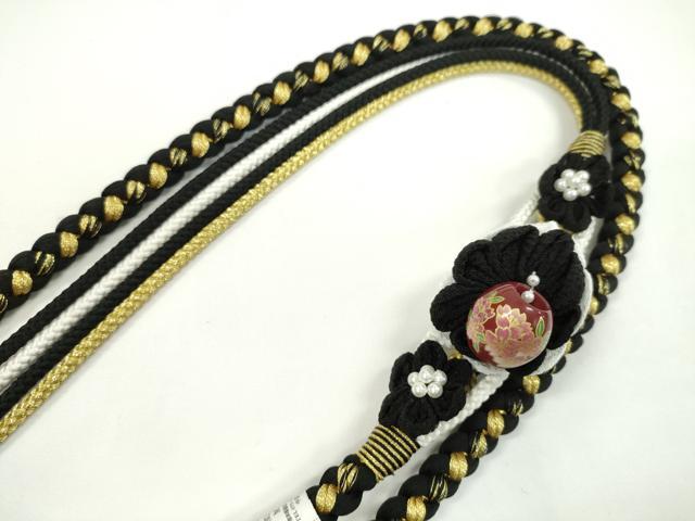 平和屋着物●和装小物　振袖用帯締め　飾り付き　つまみ細工　花　飾り玉　パール　黒×白　金糸　撚り房　逸品　未使用　CABC0975ju