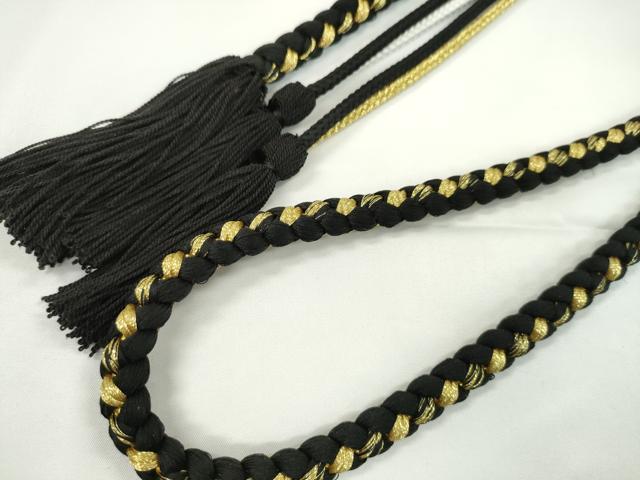 平和屋着物●和装小物　振袖用帯締め　飾り付き　つまみ細工　花　飾り玉　パール　黒×白　金糸　撚り房　逸品　未使用　CABC0975ju