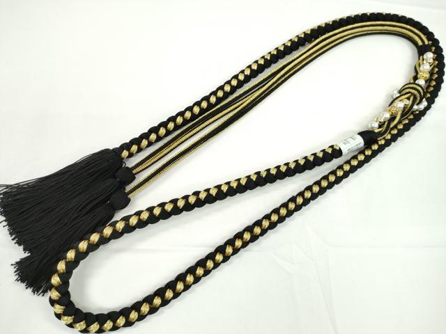 平和屋着物●和装小物　振袖用帯締め　飾り付き　パール　ビジュー　黒　金糸　撚り房　逸品　未使用　CABC0976ju