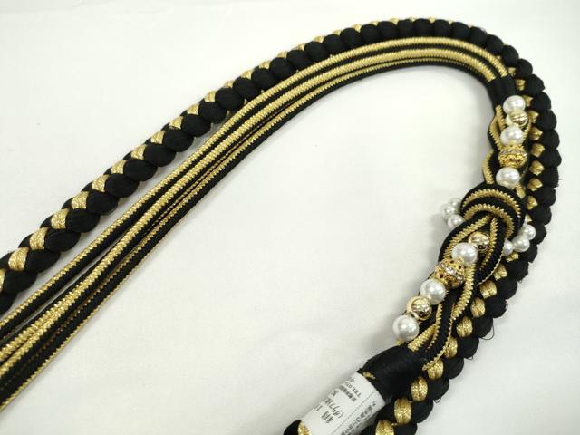平和屋着物●和装小物　振袖用帯締め　飾り付き　パール　ビジュー　黒　金糸　撚り房　逸品　未使用　CABC0976ju