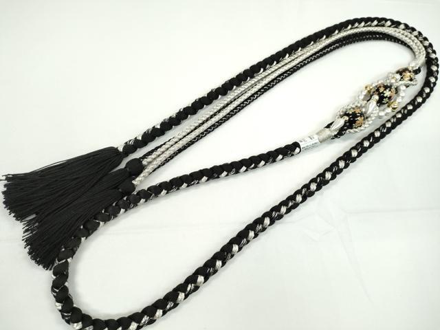 平和屋着物●和装小物　振袖用帯締め　飾り付き　パール　飾り玉　黒　銀糸　撚り房　逸品　未使用　CABC0977ju